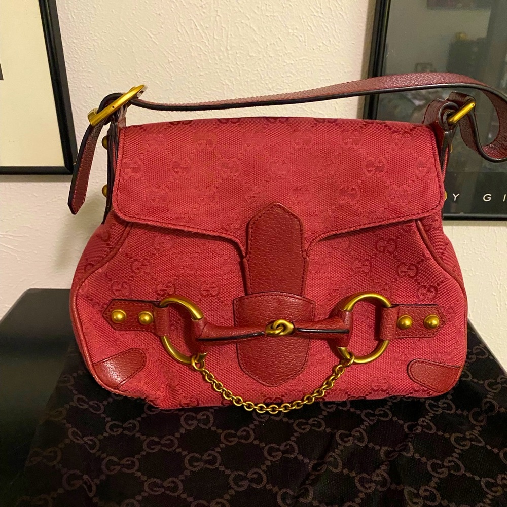 Gucci Fuchsia GG Canvas and Leather Small Horsebit Satchel w/ Duster